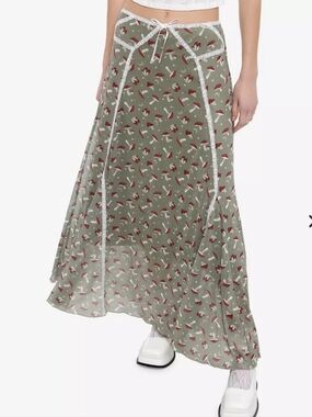 Cosmic Aura Mushrooms Moons & Stars Lace Trim Midi Skirt